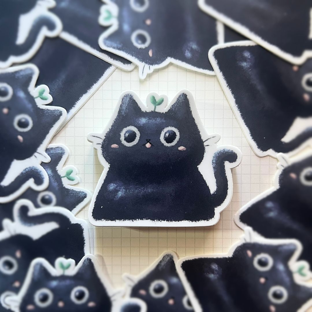 Cat with Leaf Matte Vinyl Sticker | laptop, water bottle, journaling sticker